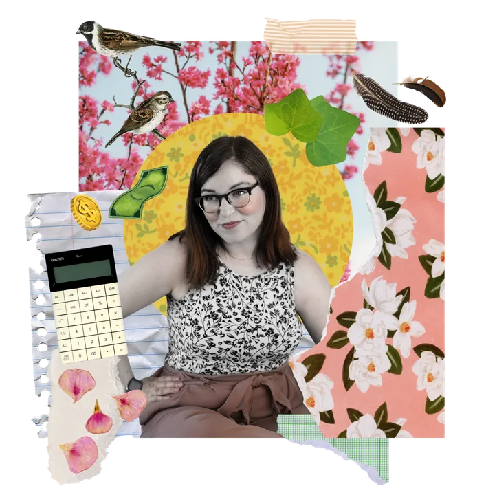 Corrie Verheijen in a paper collage with painted birds, a calculator, coins and flowers