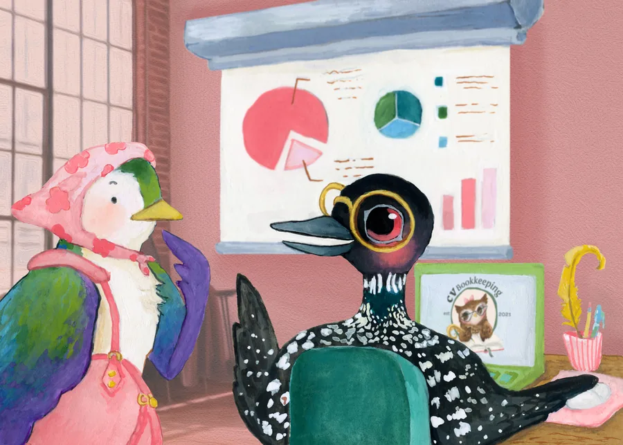 A painted loon in gold spectacles presenting pie charts and bar graphs to a curious duck