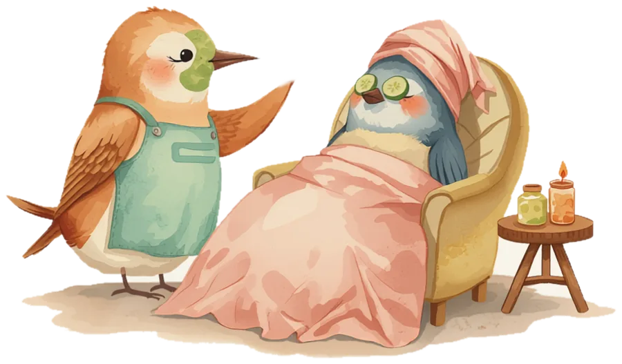A painted songbird esthetician in a mint apron gesturing toward a relaxed bluebird client resting under a pink blanket with a towel on its head