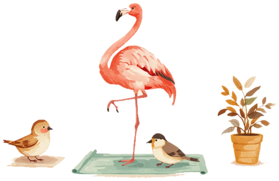 A painted flamingo yoga teacher balancing in tree pose on a sage yoga mat, with two small sparrows following along beside a potted plant