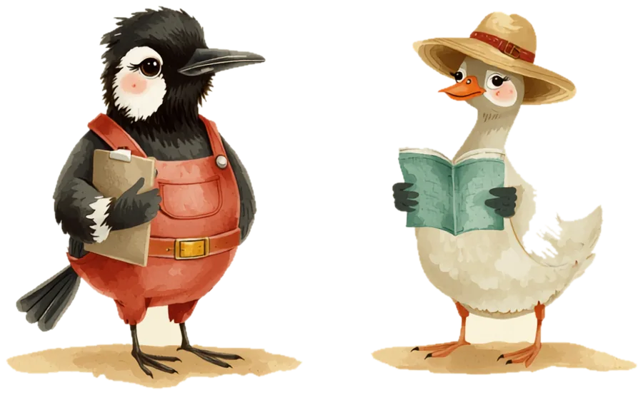 A painted magpie tradesperson in red overalls holding a clipboard, standing beside a goose tour guide in a straw sun hat reading a book