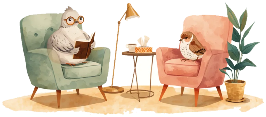 A painted Canada jay therapist in round glasses reading a notebook in a green armchair, across from a small sparrow client in a pink armchair, with a lamp, tea, tissues and a plant