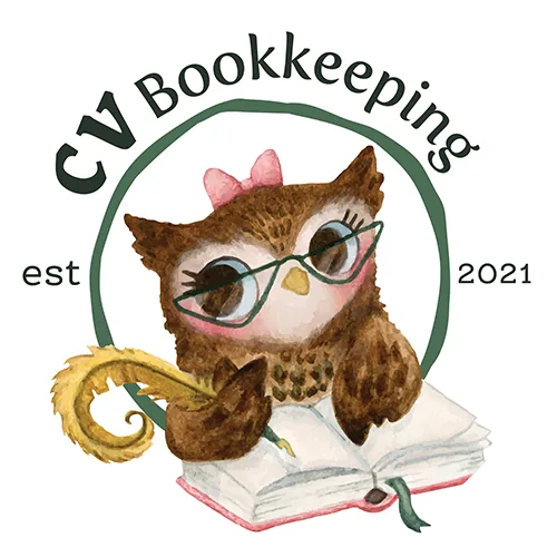 CV Bookkeeping logo: a painted owl in green glasses and a pink bow, writing in a book with a gold quill, established 2021