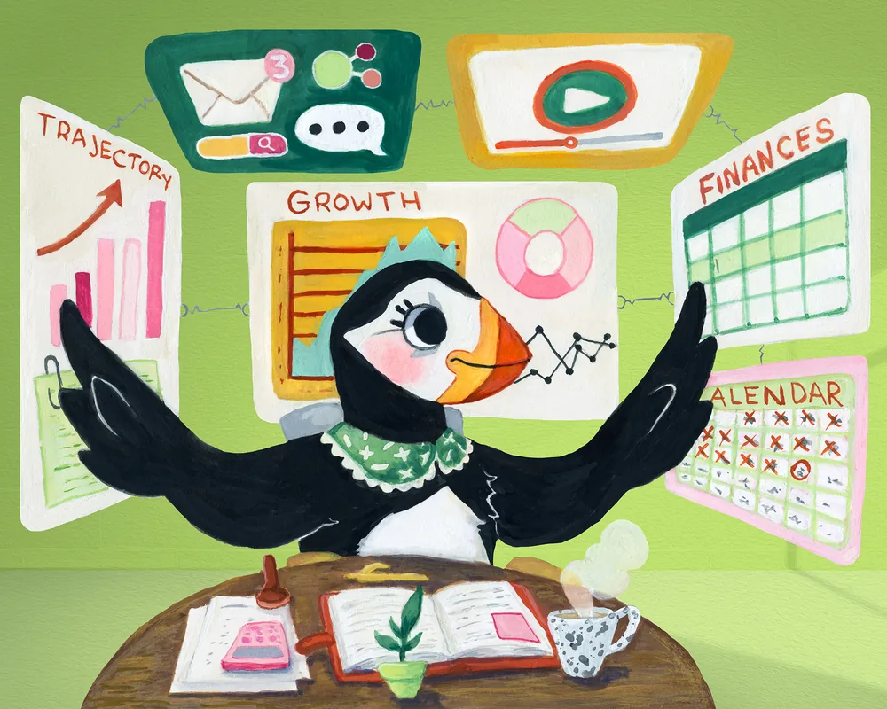 Painted puffin at a desk, arms spread wide among charts, a calendar and boards reading Trajectory, Growth and Finances