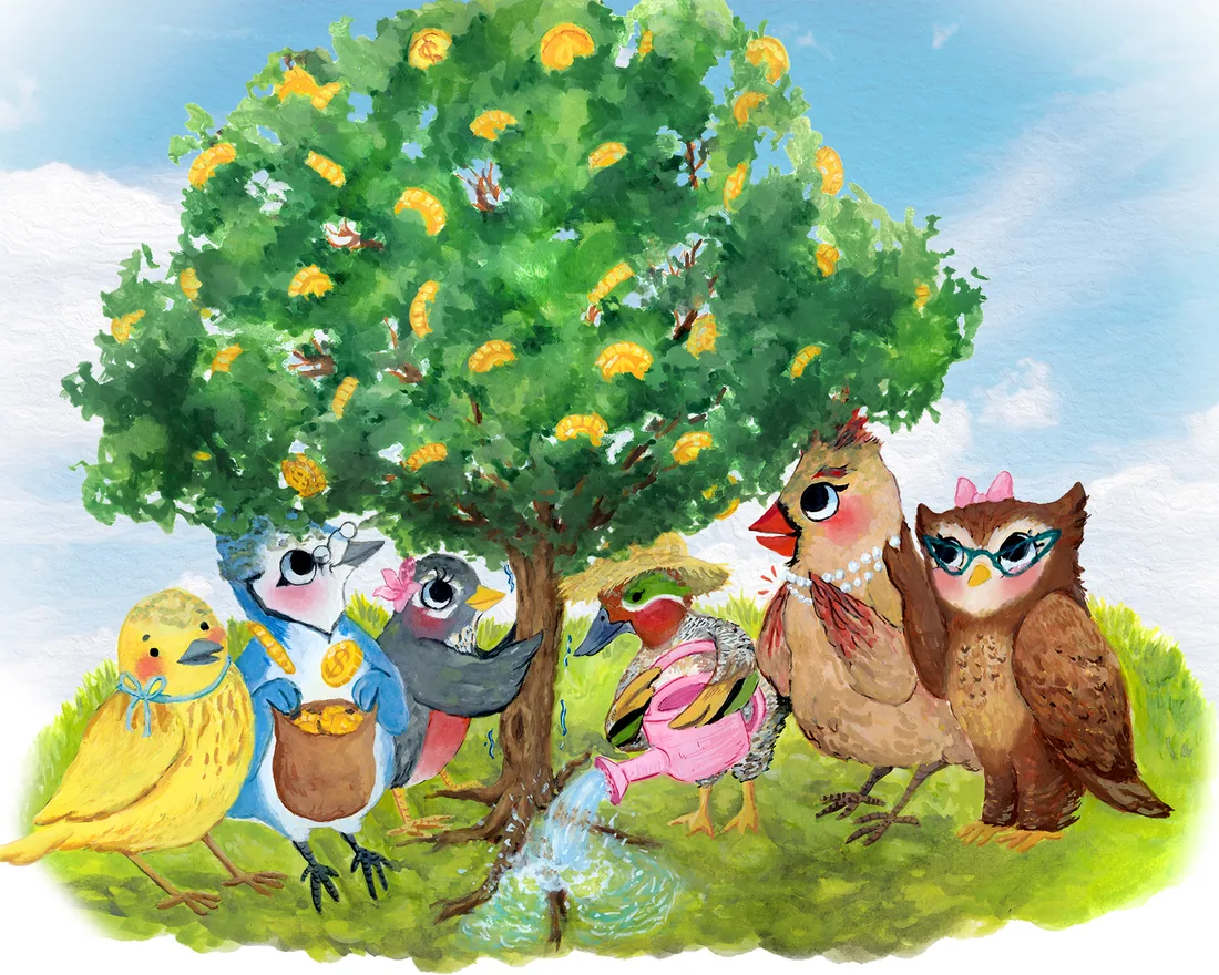 Painted birds, including an owl in glasses, tending a money tree hung with gold coins
